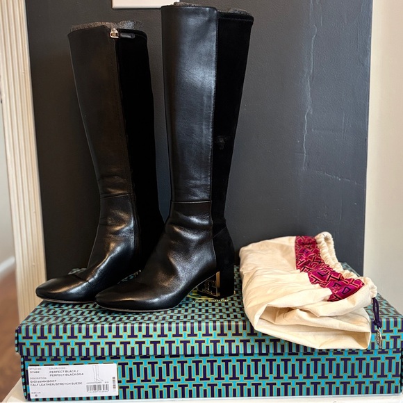 Tory Burch Leather and Suede Black Mid-Calf Length Boots - Picture 9 of 9